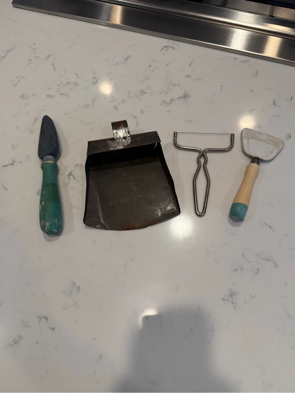 Kitchen Primitive Tools Metal Pan, Churn Paddle, Cheese Plane, Jar Opener